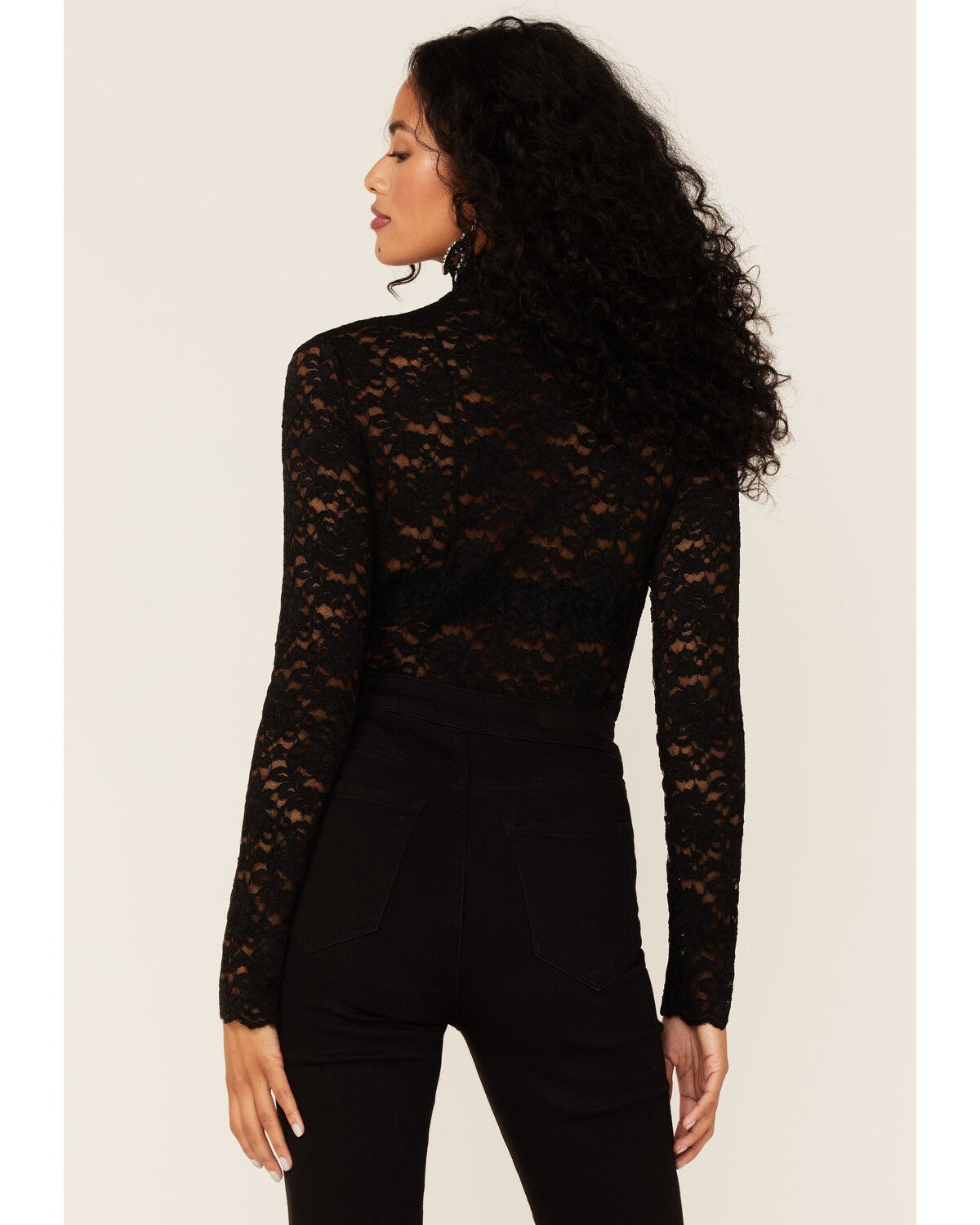 Molly Bracken Women's Black All-Over Lace Mock Neck Long Sleeve Top