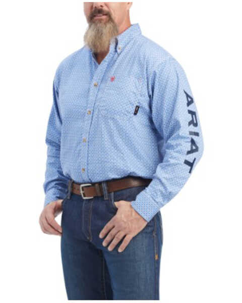 Ariat Men's FR Lanting Logo Geo Long Sleeve Button Down Work Shirt - Big & Tall , Turquoise, hi-res