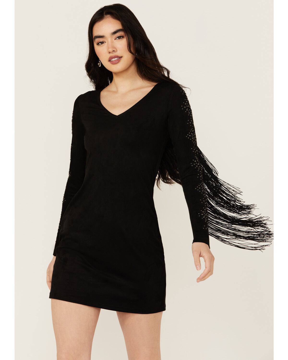 Image #1 - Idyllwind Women's Lois Studded Long Sleeve Fringe Mini Dress, Black, hi-res
