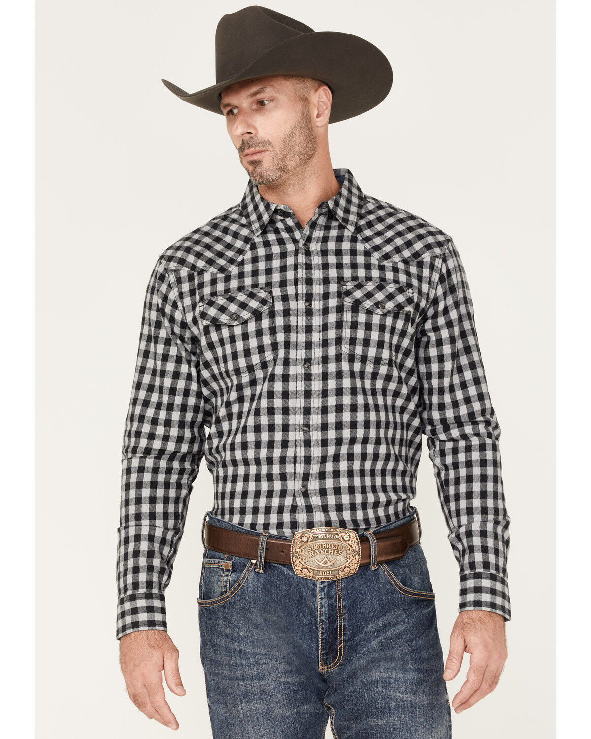 Image #1 - Cody James Men's Visa Versa Small Plaid Print Long Sleeve Snap Western Flannel Shirt, Grey, hi-res