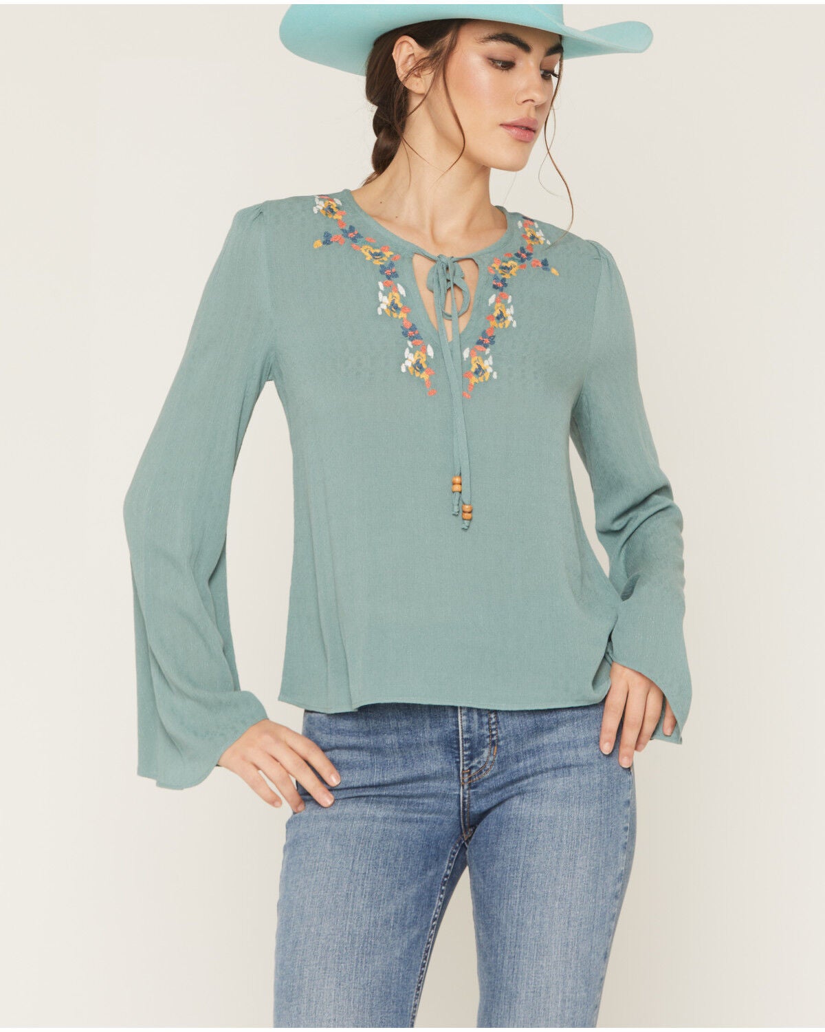 Image #2 - Shyanne Women's Long Sleeve Embroidered Trim Top, Aqua, hi-res