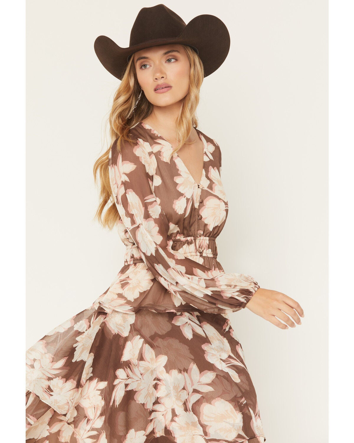 Shyanne Women's Floral Print Long Sleeve Chiffon Shirt, Brown, hi-res