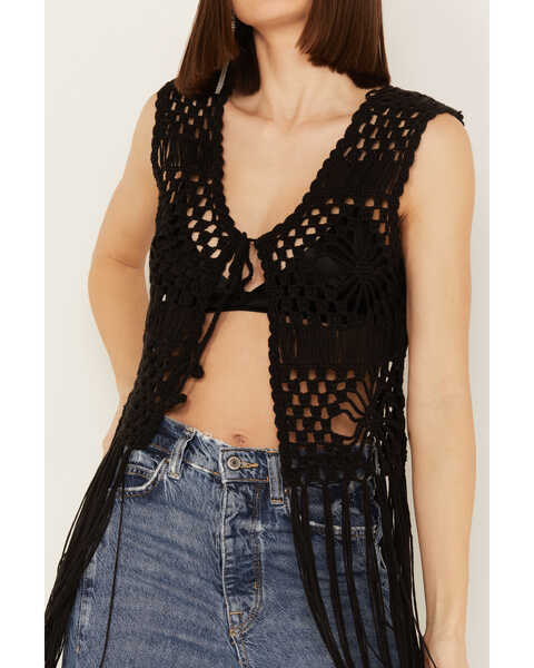 Image #3 - Rock & Roll Denim Women's Crochet Fringe Sleeveless Vest, Black, hi-res