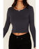 Image #3 - Originality Women's Solid Rib Knit Long Sleeve Cropped Shirt, Navy, hi-res