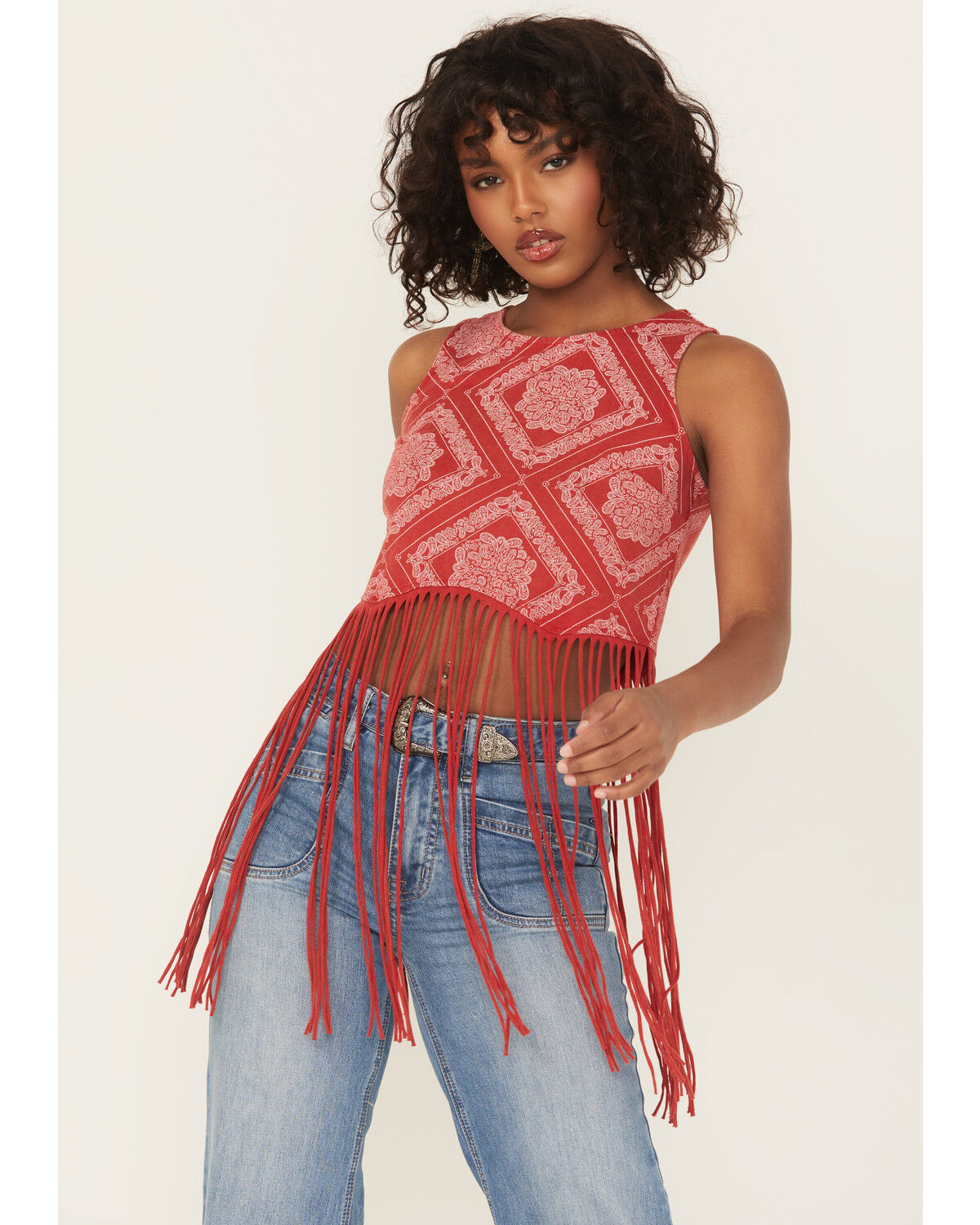 Image #1 - Rock & Roll Denim Women's Bandana Print Fringe Tank Top, Red, hi-res