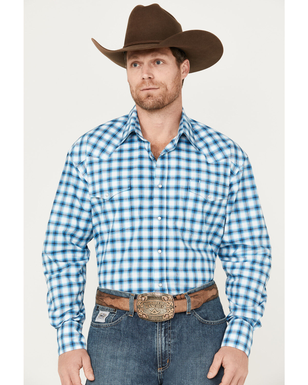 Image #1 - Roper Men's Amarillo Plaid Print Long Sleeve Button-Down Stretch Western Shirt, Blue, hi-res
