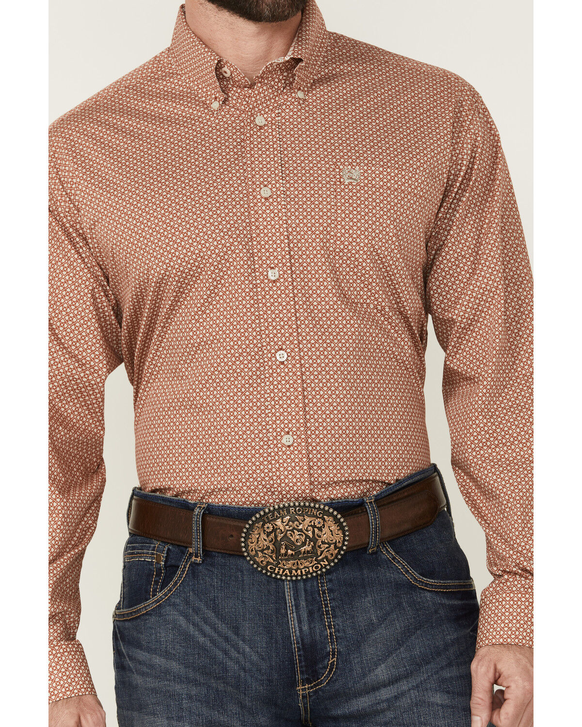 Image #3 - Cinch Men's Geo Print Long Sleeve Button-Down Western Shirt, Orange, hi-res