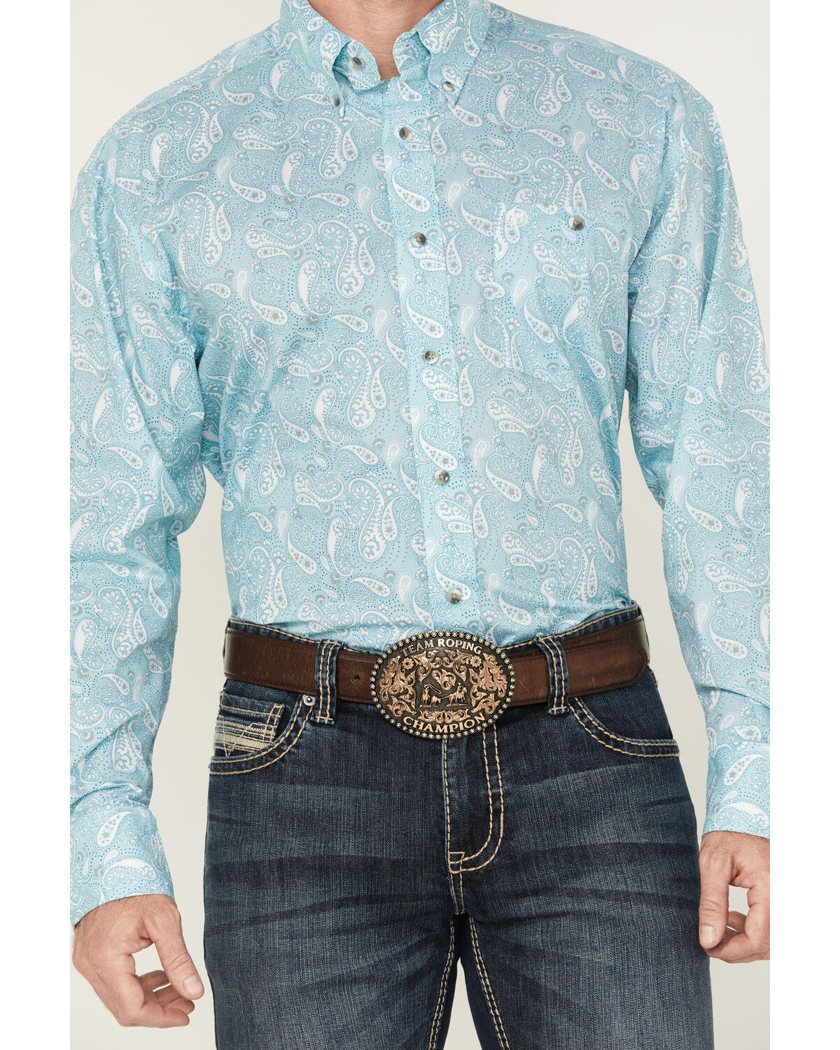 Image #3 - Wrangler Men's Paisley Print Long Sleeve Button-Down Stretch Western Shirt, Aqua, hi-res