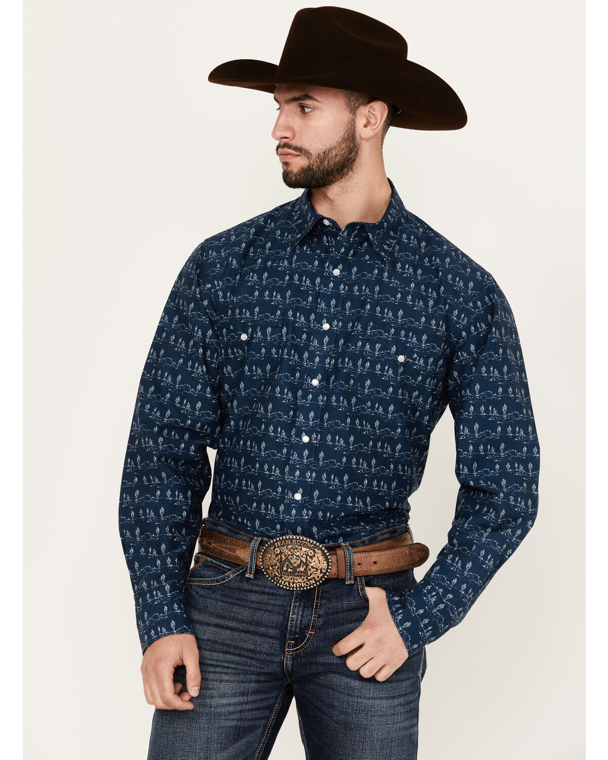 Image #1 - Roper Men's West Made Cactus Print Long Sleeve Pearl Snap Western Shirt, Dark Blue, hi-res