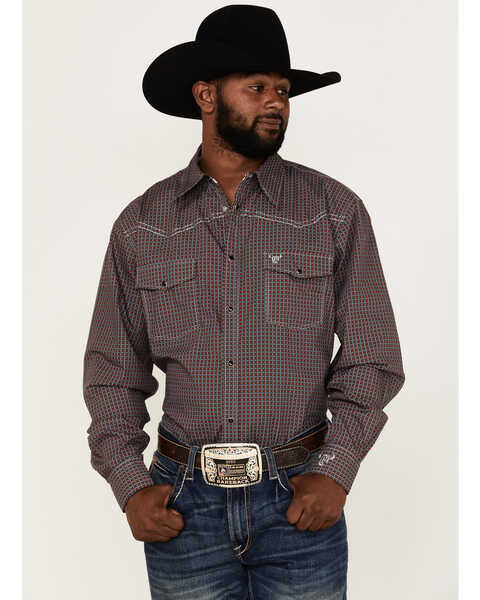 Image #1 - Cowboy Hardware Men's Wavy Square Geo Print Western Shirt , Red, hi-res
