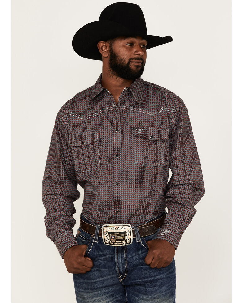 Cowboy Hardware Men's Wavy Square Geo Print Western Shirt , Red, hi-res