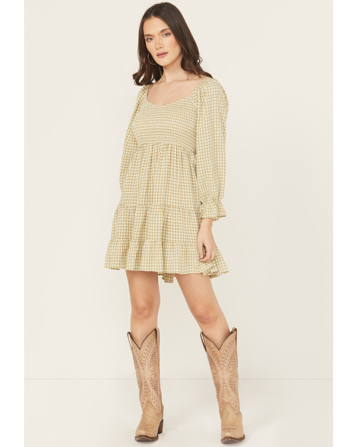 Image #1 - Blue B Women's Gingham Long Sleeve Mini Dress, Olive, hi-res