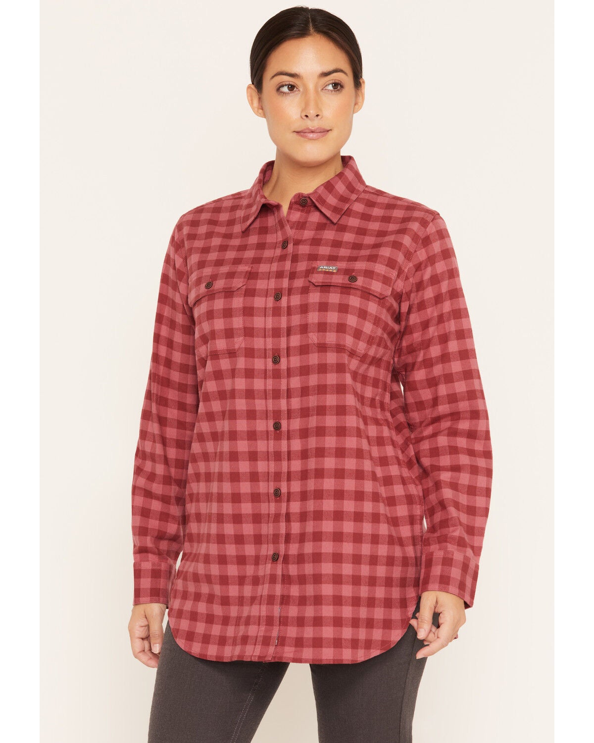 Ariat Women's Rebar Plaid Print Long Sleeve Button-Down Stretch Work Shirt, Red, hi-res