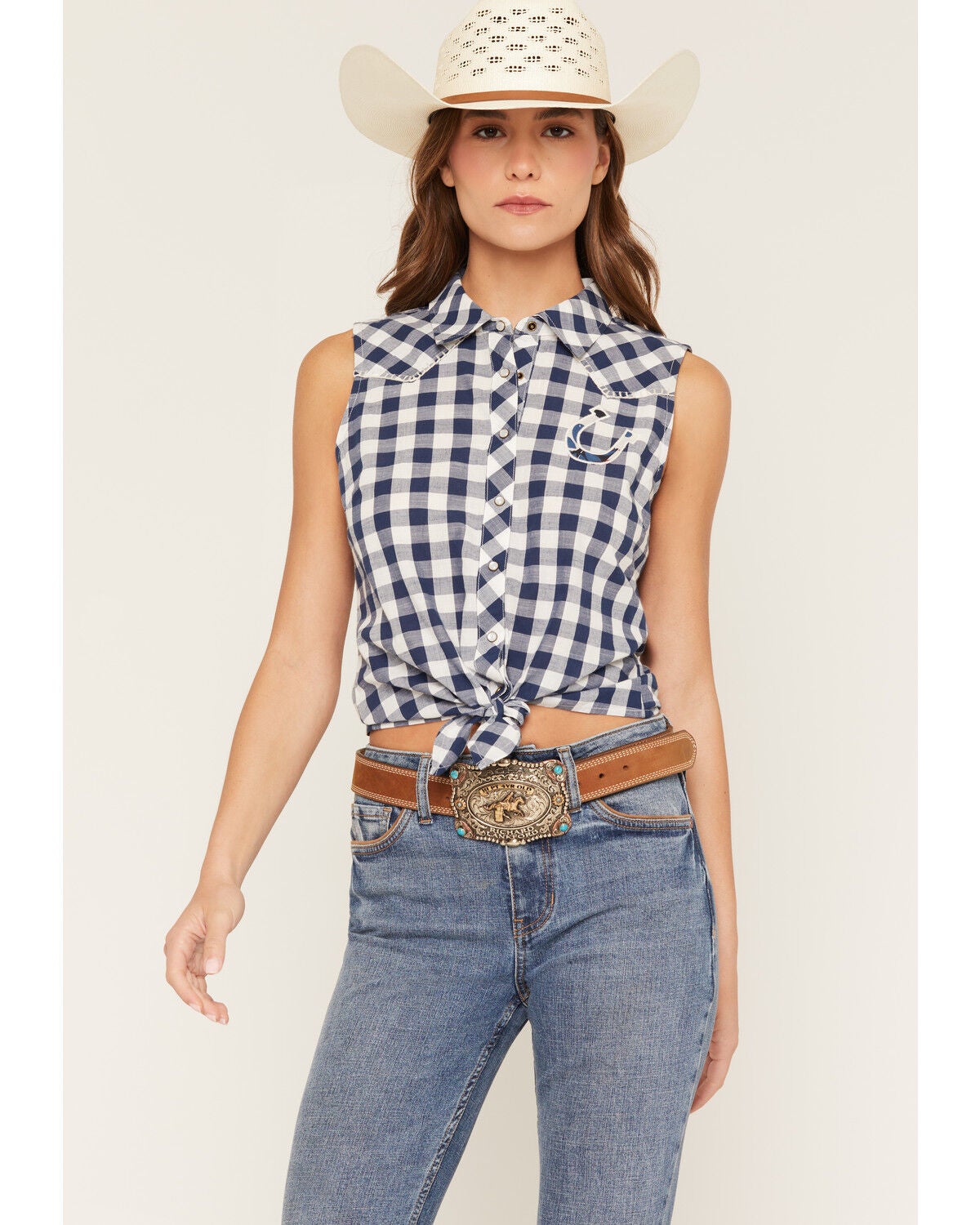 Shyanne Women's Dunes Gingham Sleeveless Snap Tie-Front Western Shirt, Navy, hi-res
