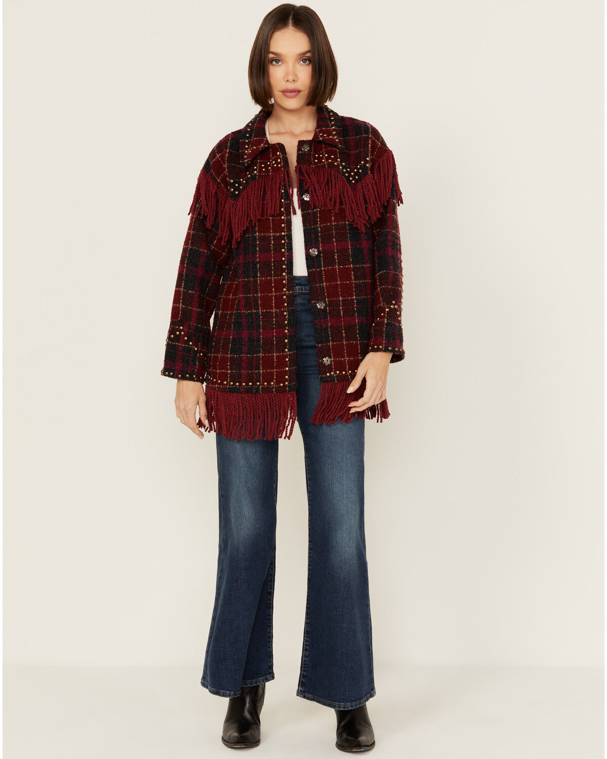 Image #1 - Vocal Women's Tweed Plaid Fringe Jacket, Red, hi-res