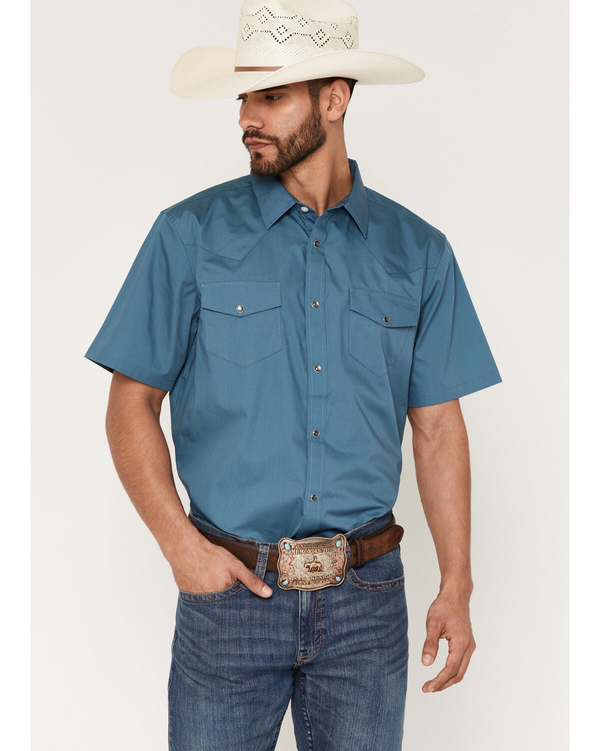 Gibson Trading Co Men's Basic Solid Short Sleeve Snap Western Shirt, Dark Teal, hi-res