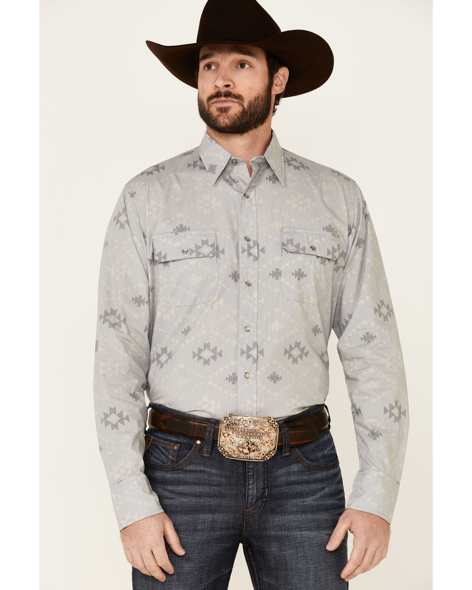 Tin Haul Men s Gray Southwestern Textured Print Long Sleeve Snap Western Shirt