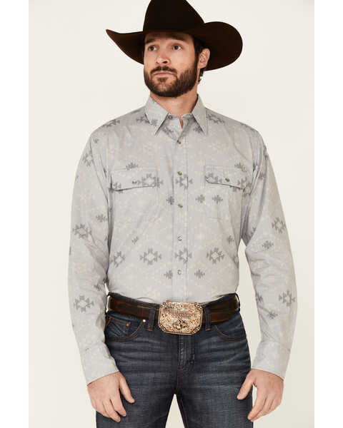 Image #1 - Tin Haul Men's Gray Southwestern Textured Print Long Sleeve Snap Western Shirt , Grey, hi-res