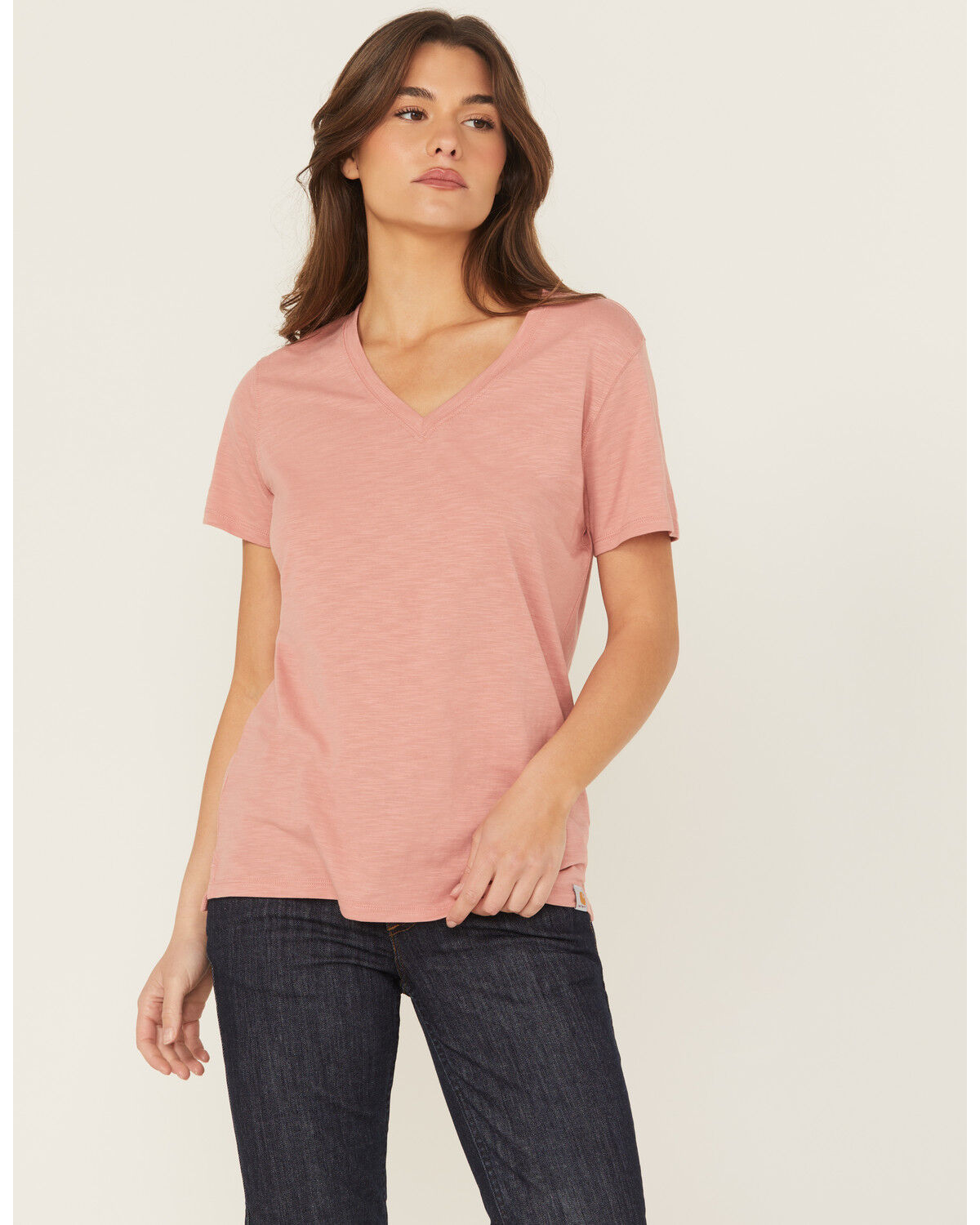 Image #1 - Carhartt Women's TENCEL™ Fiber Series Relaxed Fit Short Sleeve V-Neck Shirt, Rose, hi-res