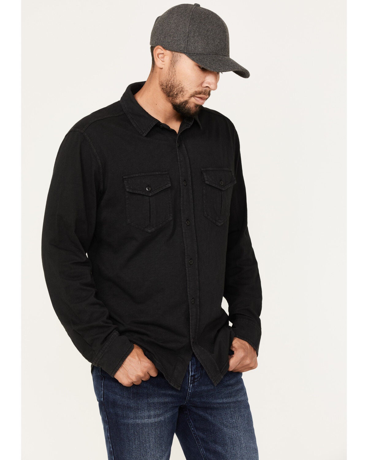 Brothers and Sons Men's Solid Pigment Slub Button Down Western Shirt, Black, hi-res