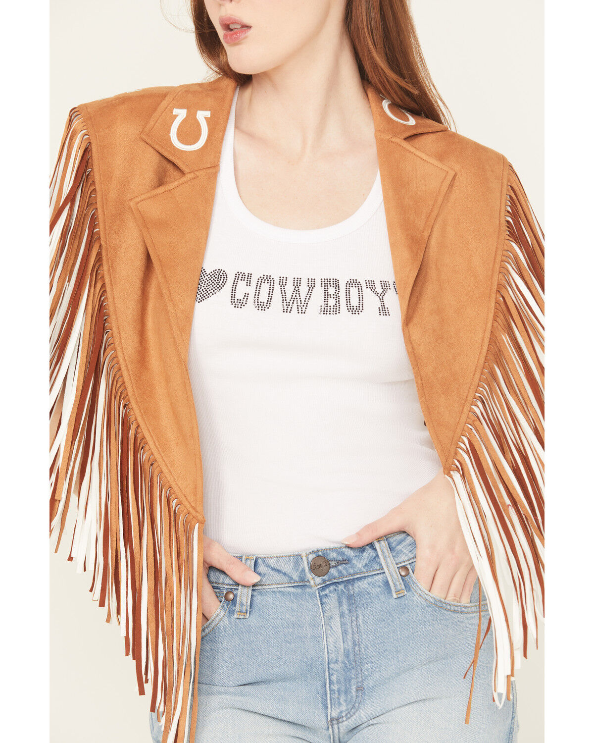 Image #3 - Saints & Hearts Women's Faux Suede Horseshoe Fringe Cape, Camel, hi-res