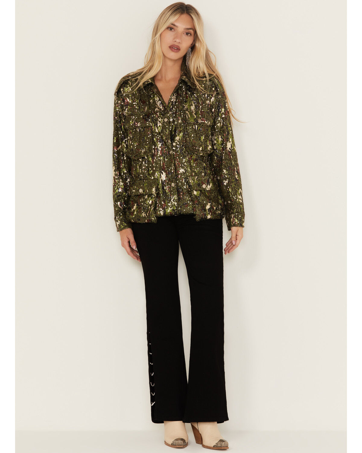 Image #1 - Miss Me Women's Camo Print Sequins Utility Jacket, Green, hi-res