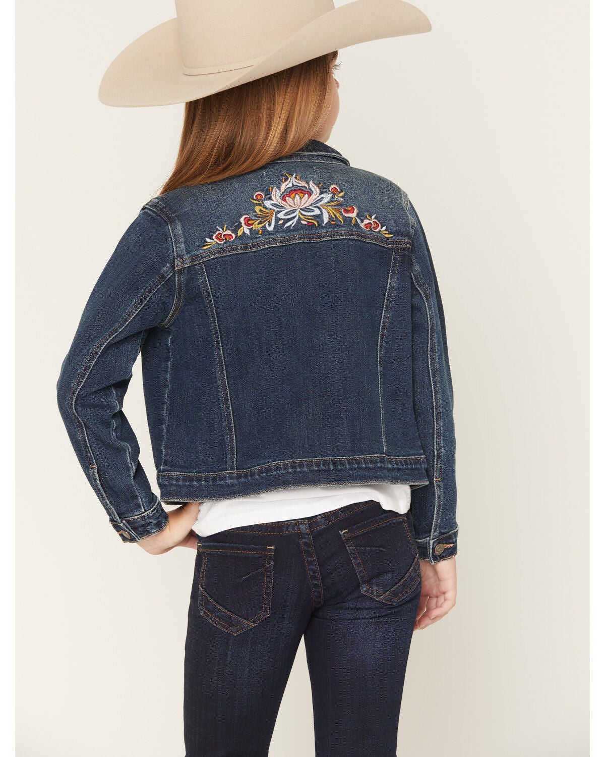 Image #4 - Shyanne Girls' Scout Floral Embroidered Denim Jacket, Dark Wash, hi-res