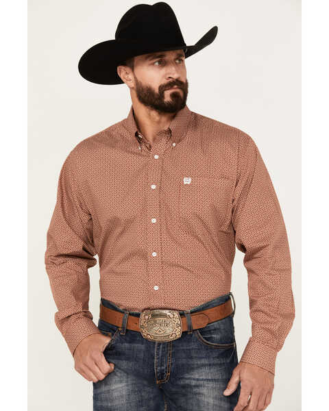 Cinch Men's Floral Geo Print Long Sleeve Button-Down Western Shirt, Brown, hi-res