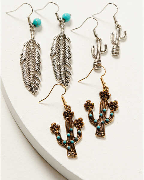 Shyanne Women's Feather & Cactus Bead Earrings Set - 3-Piece, Silver, hi-res