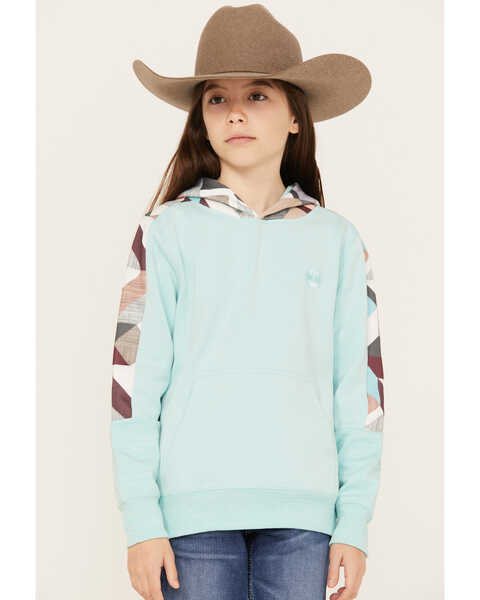 Image #1 - Hooey Girls' Geo Print Sleeve Hooded Sweatshirt, Teal, hi-res