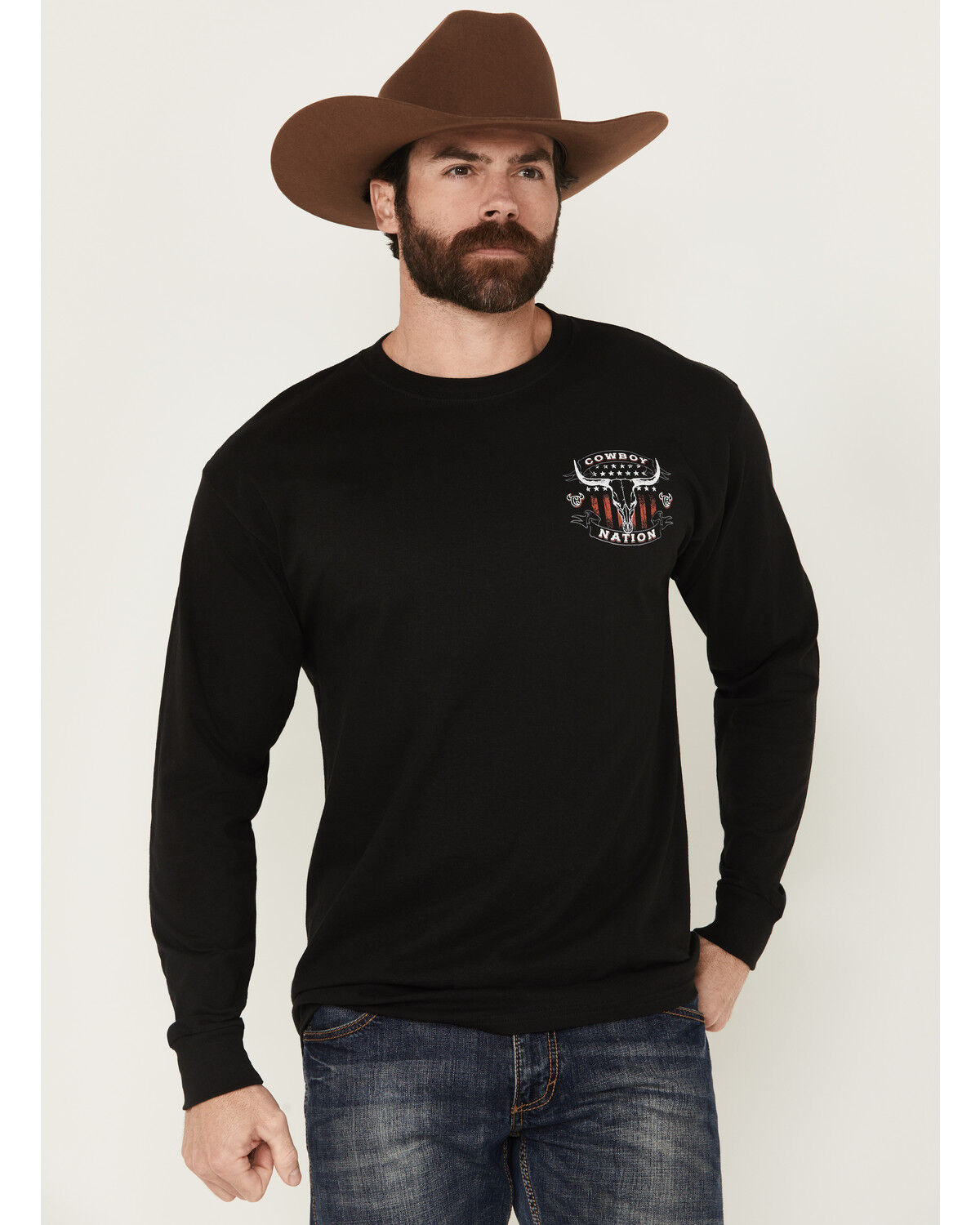 Image #1 - Cowboy Hardware Men's Cowboy Nation Steerhead Long Sleeve Graphic T-Shirt, Black, hi-res