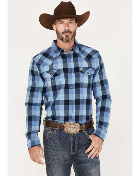 Cody James Men's Snake River Check Plaid Print Pearl Snap Western Flannel Shirt , Navy, hi-res