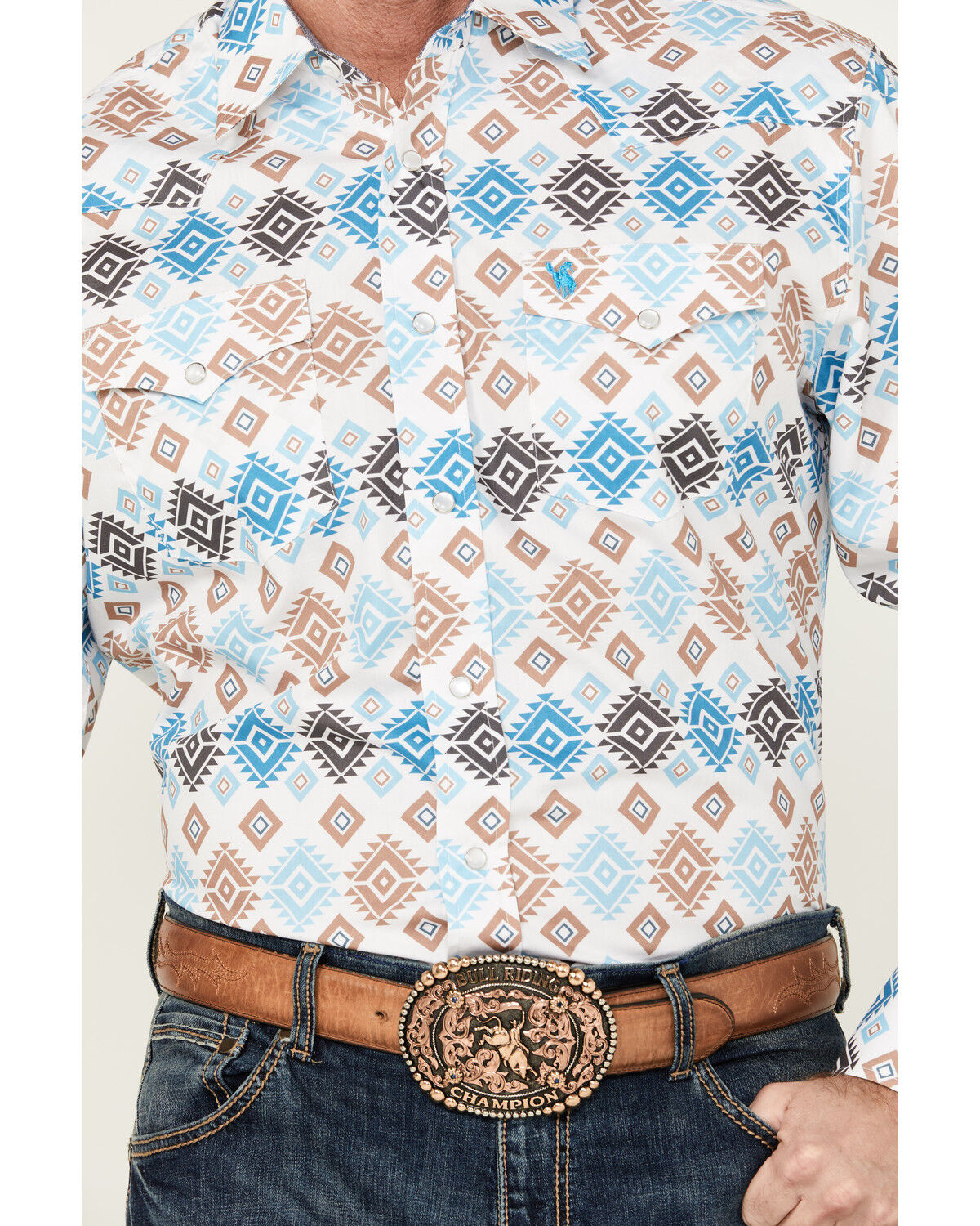 Image #3 - Rodeo Clothing Men's Southwestern Print Long Sleeve Pearl Snap Western Shirt, White, hi-res