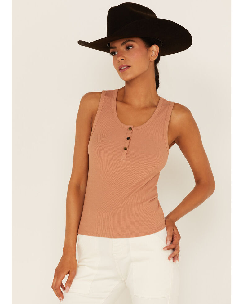 Cleo + Wolf Women's Ribbed Henley Tank Top, Beige/khaki, hi-res