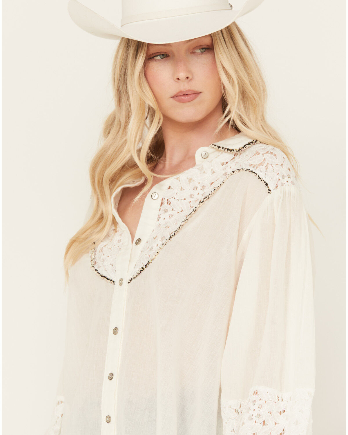 Image #2 - POL Women's Lace Yoke Long Sleeve Button Down Shirt, Ivory, hi-res