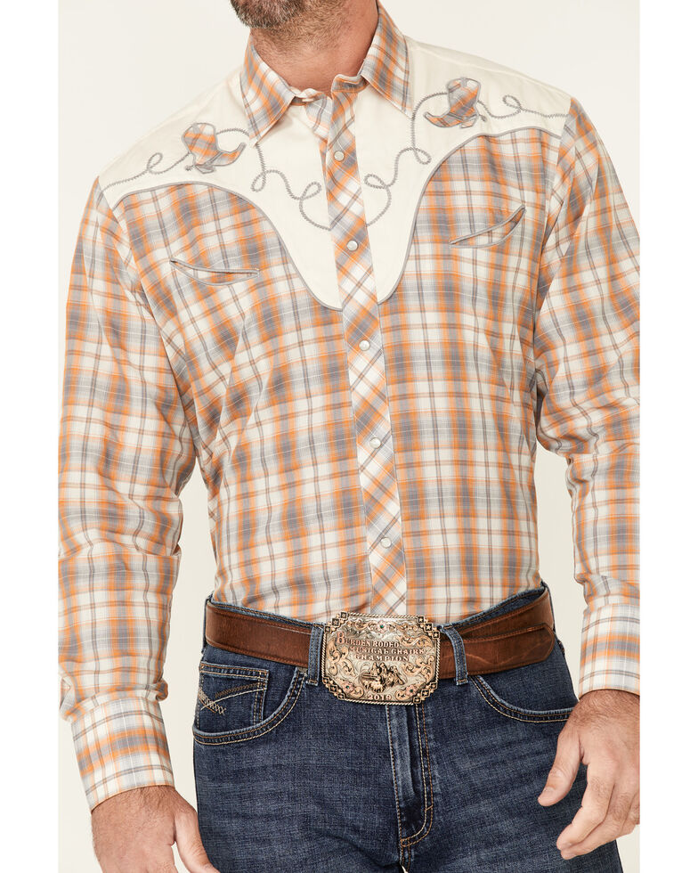 Roper Men's Orange Embroidered Plaid Long Sleeve Snap Western Shirt , Orange, hi-res