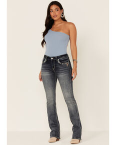 Grace In LA Women's Mid Rise Bootcut Southwestern Pocket Jeans , Blue, hi-res