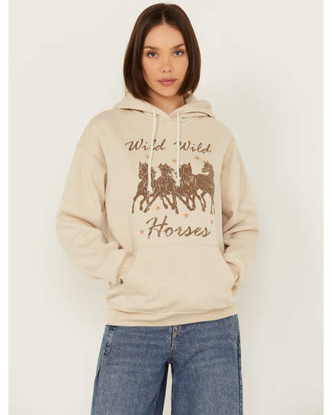 Youth In Revolt Women's Hold Horses Graphic Hoodie , Taupe, hi-res