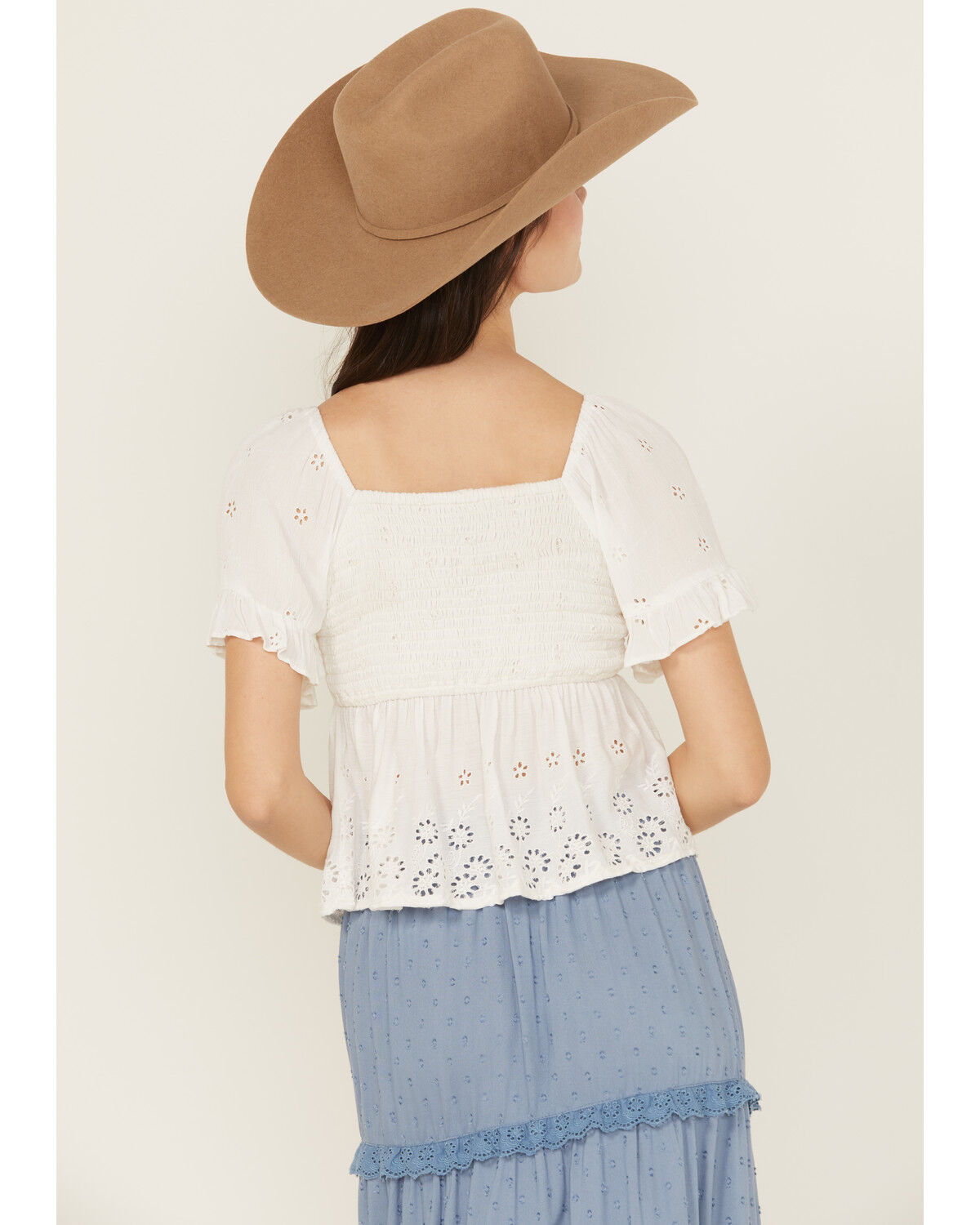 Image #4 - Angie Women's Eyelet Short Puff Sleeve Shirt, White, hi-res