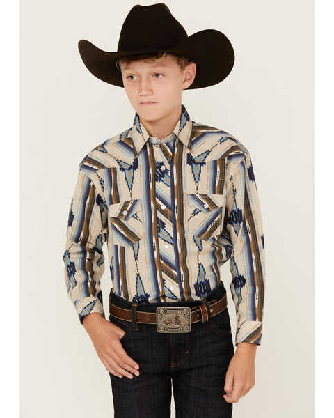 Image #1 - Rock & Roll Denim Boys' Southwestern Striped Print Long Sleeve Vintage Snap Western Shirt, Tan, hi-res