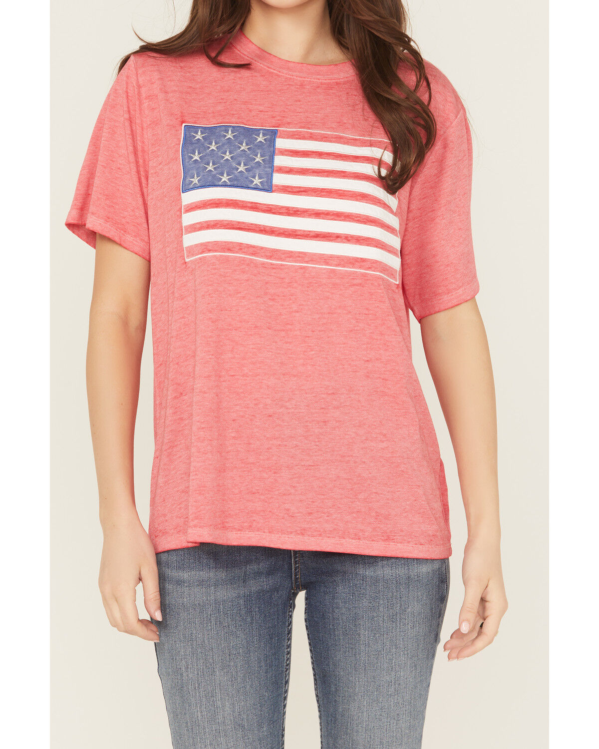 Image #3 - Blended Women's Flag Embroidered Short Sleeve Tee, Red, hi-res