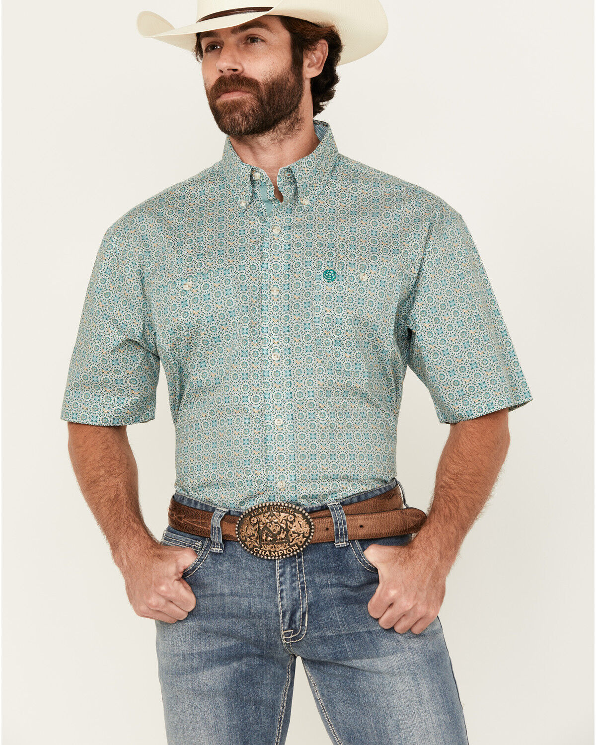 Image #1 - George Strait by Wrangler Men's Geo Print Short Sleeve Button-Down Stretch Western Shirt - Big, Turquoise, hi-res