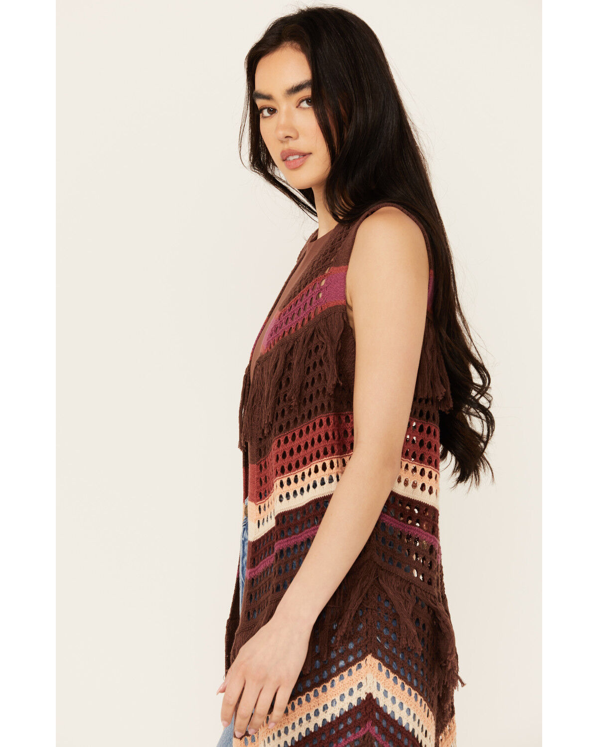 Image #2 - Shyanne Women's Long Striped Crochet Fringe Sweater Vest, Dark Brown, hi-res