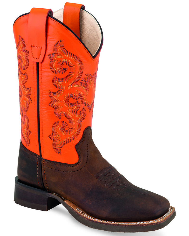 Old West Youth Boys' Orange Western Boots  - Wide Square Toe, Multi, hi-res