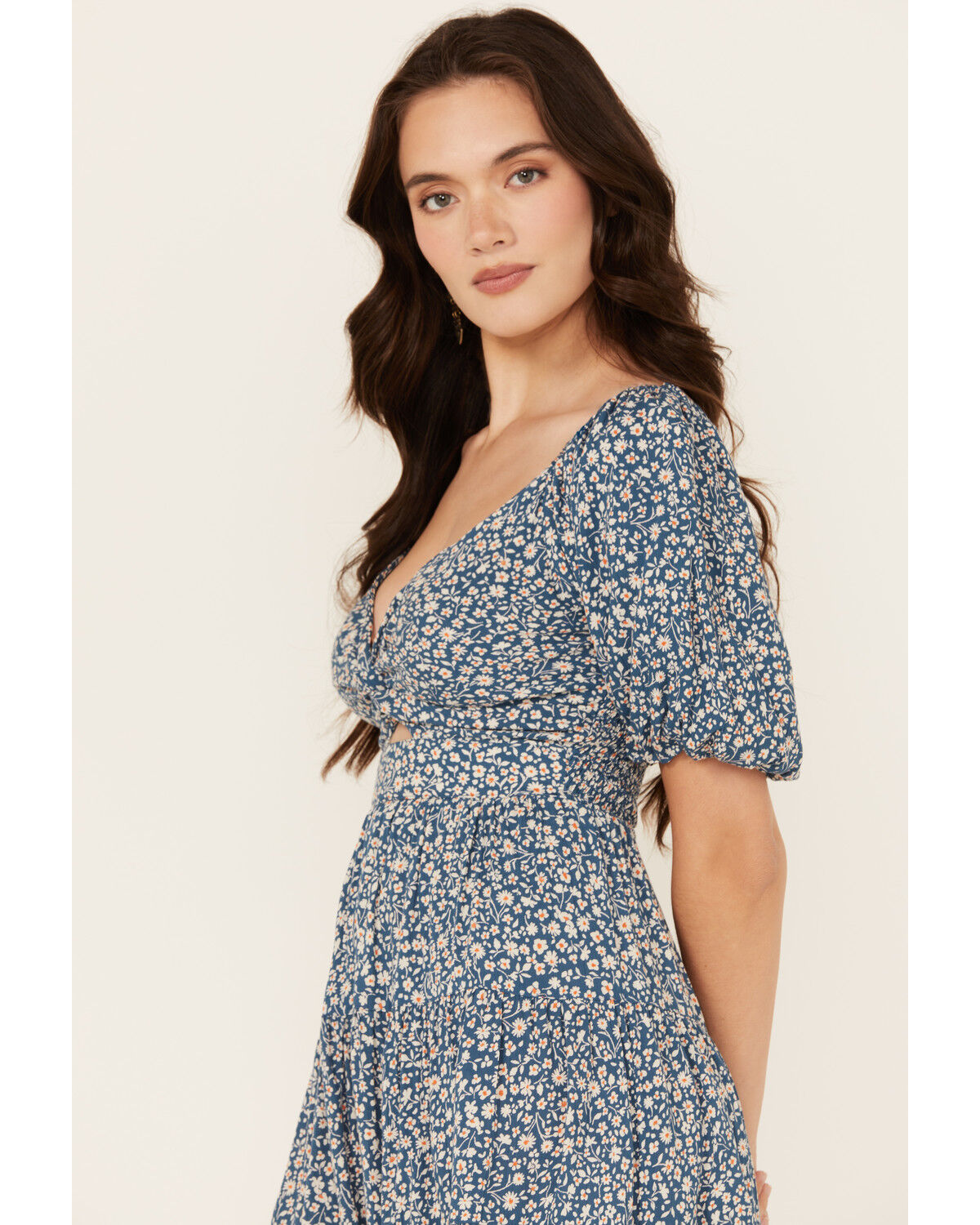 Image #2 - Angie Women's Ditsy Floral Print Tie Front Mini Dress, Blue, hi-res