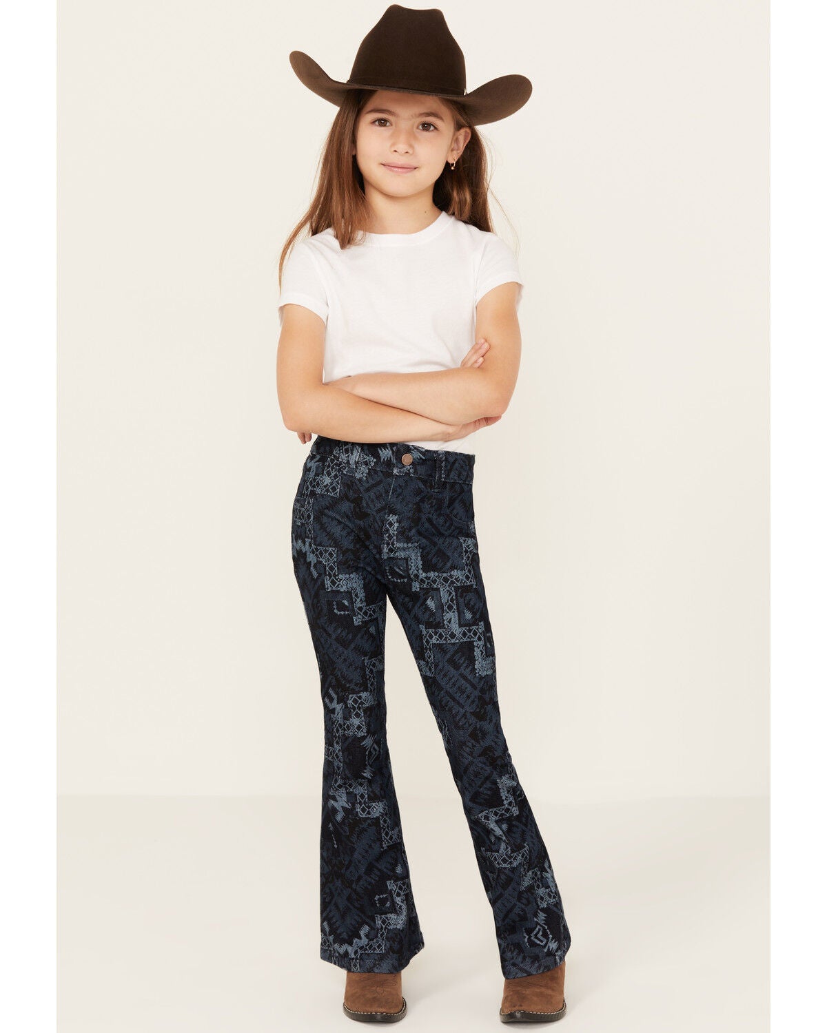 Shyanne Little Girls' Dark Wash Allover Printed Flare Jeans, Dark Wash, hi-res