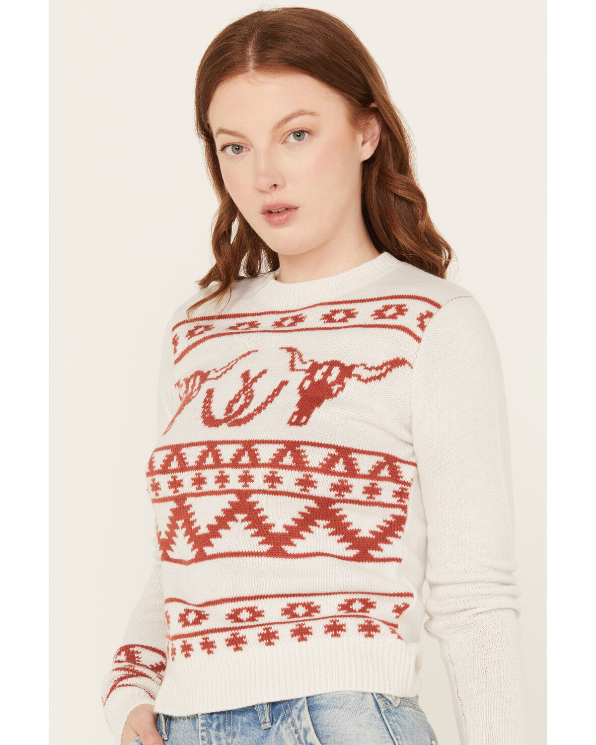 Image #2 - Wrangler Retro Women's Longhorn Horseshoe Long Sleeve Sweater, White, hi-res