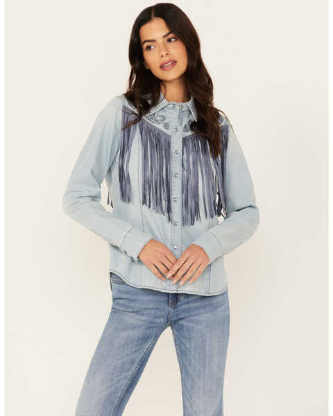 Image #1 - Idyllwind Women's Sutton Embroidered Chambray Fringe Top, Medium Wash, hi-res