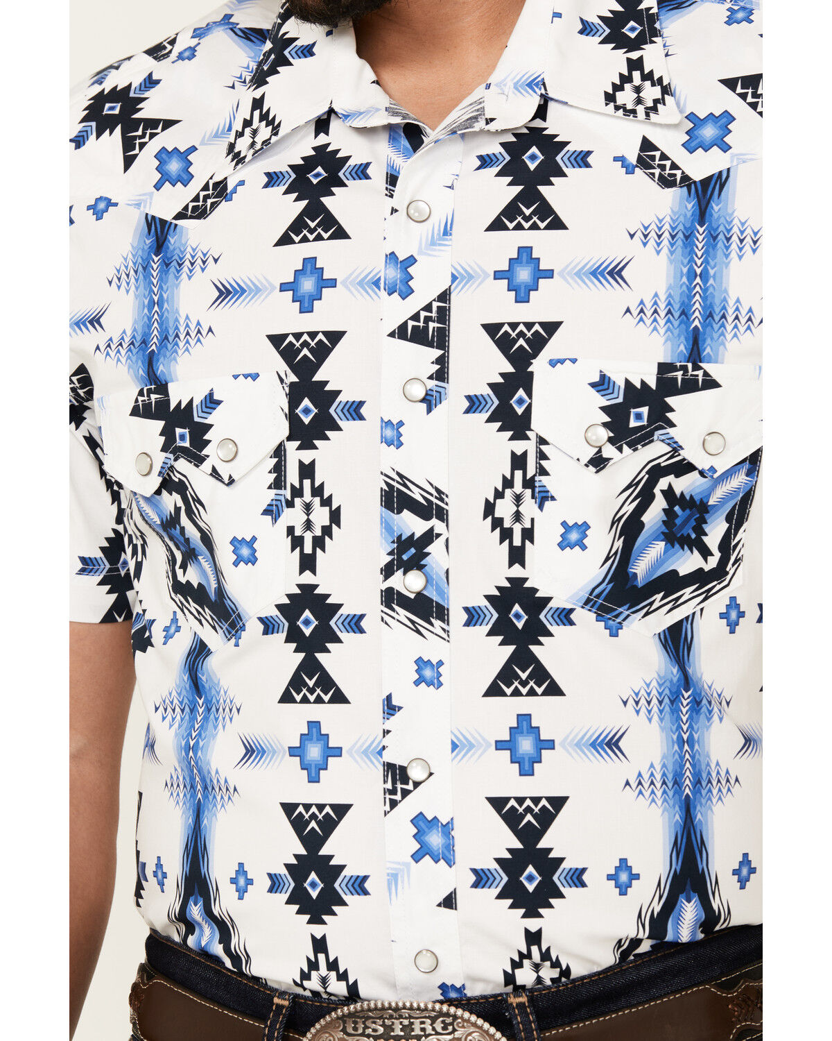 Image #3 - Rock & Roll Denim Men's Southwestern Print Short Sleeve Snap Stretch Western Shirt, White, hi-res