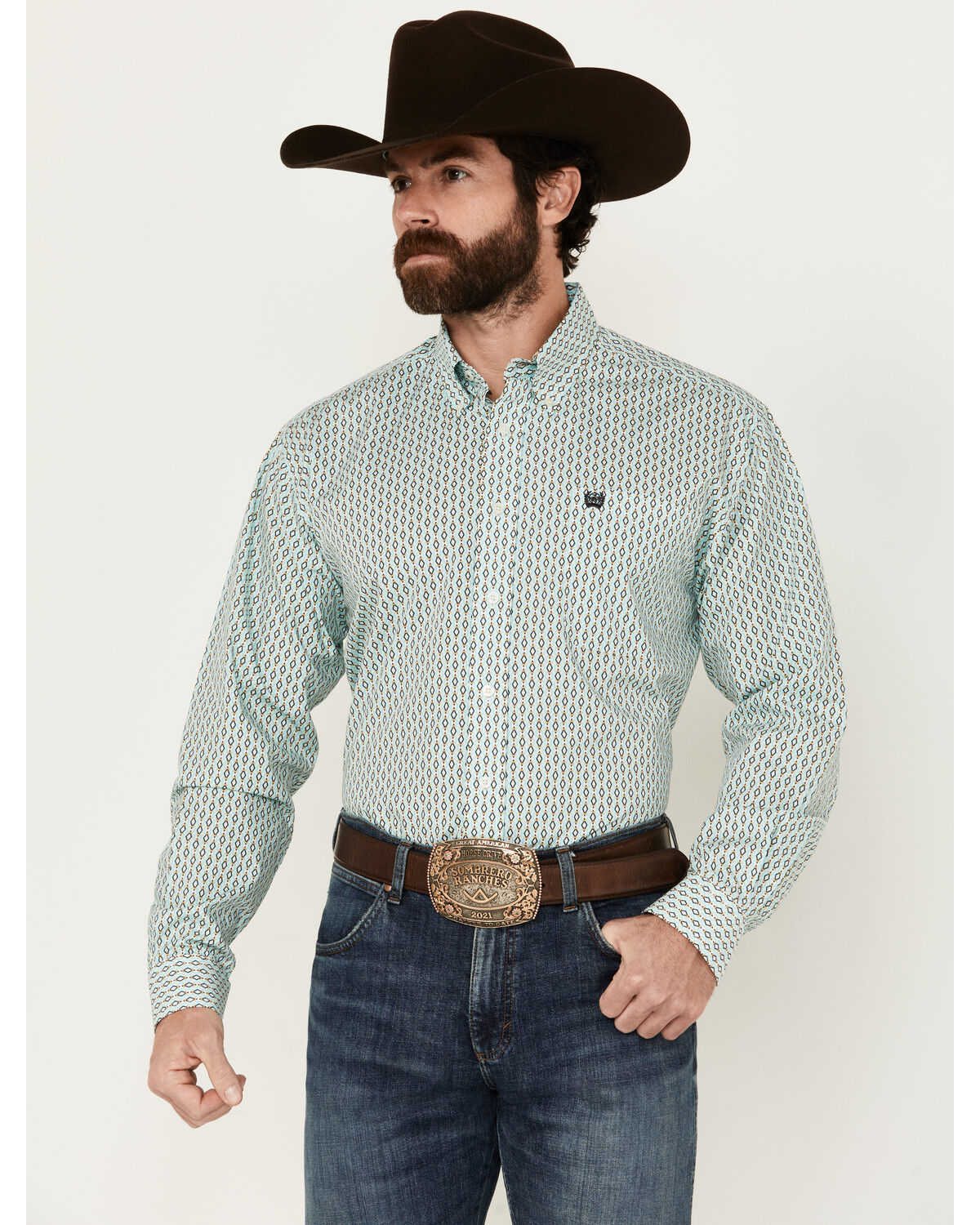 Image #1 - Cinch Men's Geo Print Long Sleeve Button-Down Western Shirt, Turquoise, hi-res